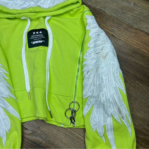 Mod Wave Movement Wings Cropped Hoodie Neon Green Size M - Picture 4 of 12